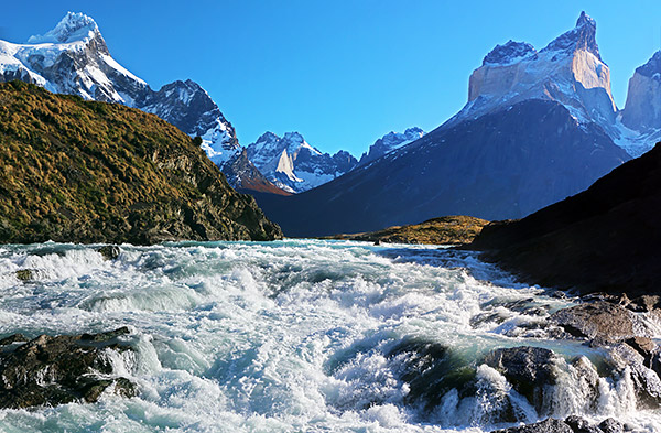 Patgonia: Cascade on the River Paine, with Cuernos, the horns, Torres del Paine, Chile